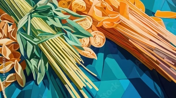 Obraz Colorful arrangement of pasta and herbs on a vibrant geometric background, showcasing culinary art