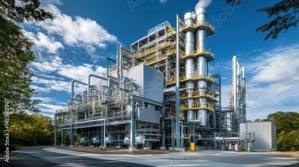 Obraz Modern industrial facility with towering structures, pipes, and machinery under a clear blue sky