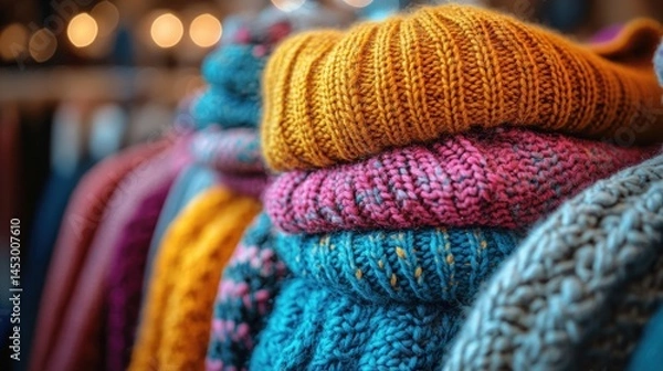 Obraz Colorful knitted sweaters stacked attractively in a cozy shop with warm lighting ambiance