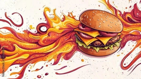 Obraz Vibrant burger illustration with dynamic flames and bold colors