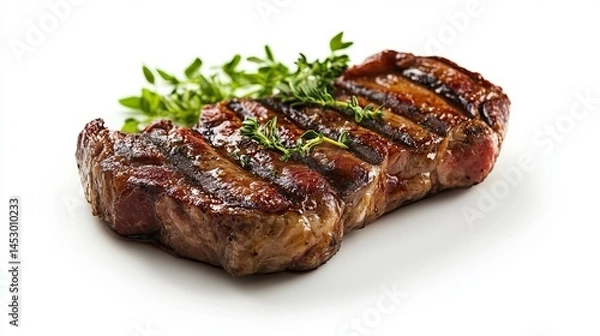Obraz Delicious grilled steak with thyme garnish isolated on white background red bbq beef meat food herb
