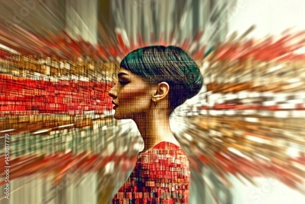 Fototapeta A metaphorical reflection of the world of digital realism, a fusion of emotions and digital impressions. A woman's face is blurred on a colored background. 