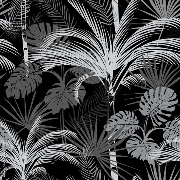 Fototapeta seamless pattern with tropical palms in two colors for unisex surface and fabric design on vector