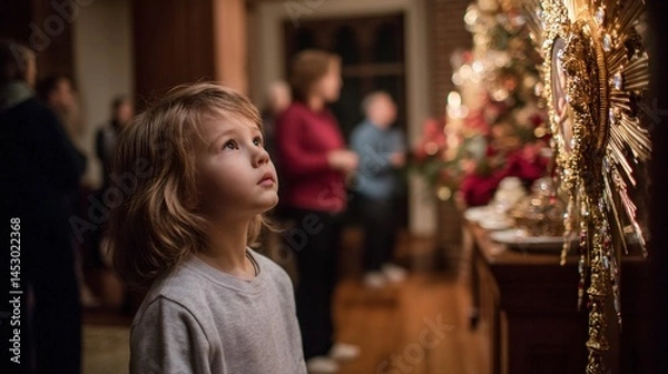 Fototapeta A young child looks up at a golden religious object with family in the background at a gathering