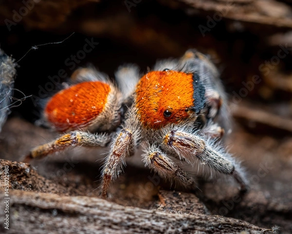 Fototapeta Top view of a male Whitman's Jumping Spider. It mimics a Velvet Ant.