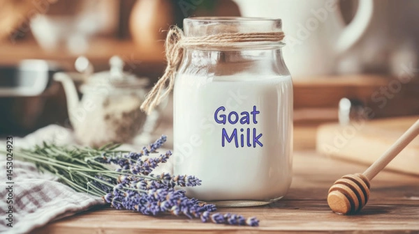 Obraz Rustic kitchen scene with goat milk in glass jar and lavender arrangement