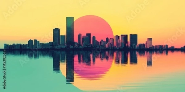 Fototapeta The Beautiful and Vibrant City Reflection is Captured at Enchanting Sunset Moments That Inspire