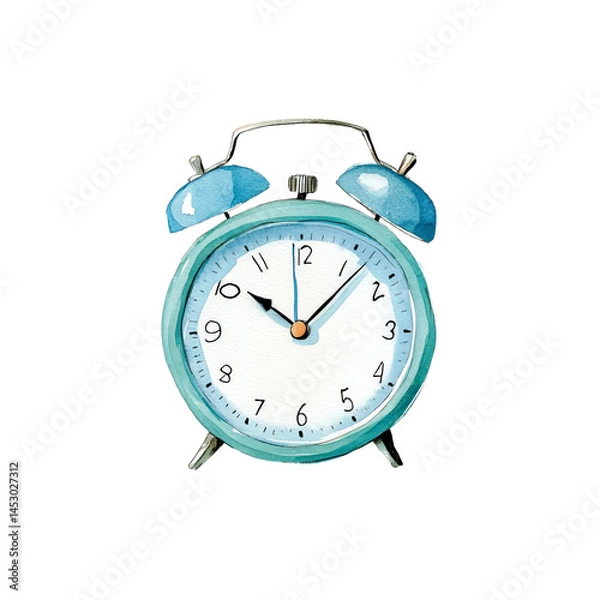 Fototapeta Morning Call: A hand-painted blue alarm clock rings in the new day, the watercolor strokes lending a gentle touch, and the timepiece a classic charm.
