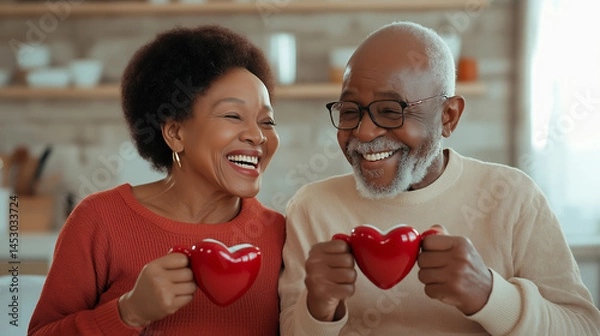 Fototapeta Joyful elderly black couple holding heart shaped mugs, laughing and enjoying their time together in a cozy home environment