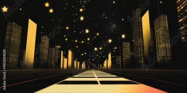 Fototapeta Futuristic Cityscape Featuring a Starry Sky at Night Enveloped in Vibrant Colors and Light