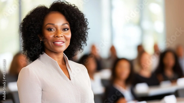 Fototapeta African American businesswoman leading professional training session, smiling confidently while motivating diverse colleagues in modern, well lit workplace