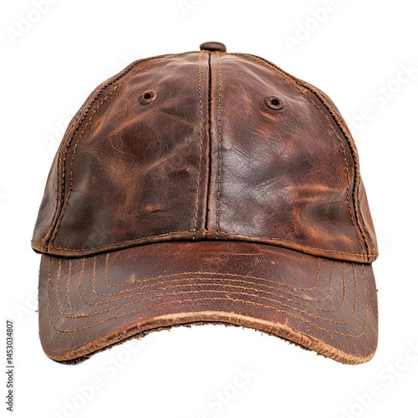 Fototapeta Distressed Leather Baseball Cap: A close-up shot of a well-worn, distressed brown leather baseball cap. The cap has a classic design with a curved brim and a snap closure.