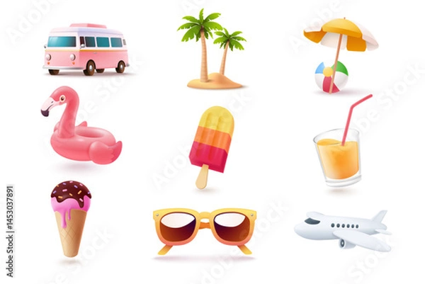 Fototapeta Colorful summer objects set in 3d style: a van, tropical island with palm trees, beach ball, umbrella, flamingo float, ice cream, popsicle, drink, sunglasses, and airplane. Vector illustration