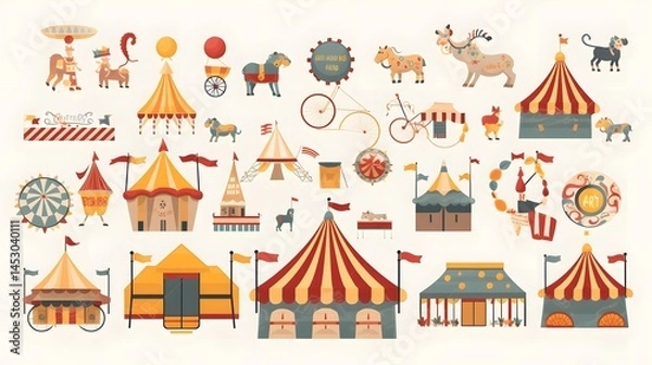 Obraz Colorful Circus Vector Flat Icons Set Isolated on Transparent Background for Designs and Projects