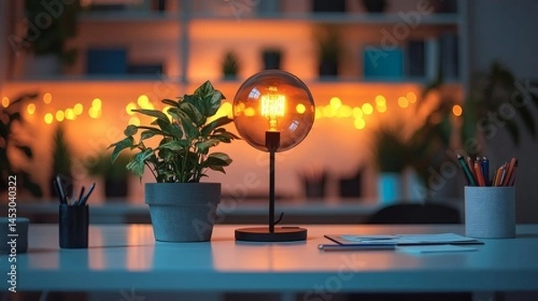 Fototapeta Workspace ambiance features table lamp, houseplant, and stationery set in warm color light, against a shelf background on a transparent background, PNG image, PNG file.