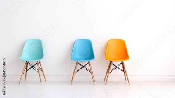 Fototapeta Three colorful chairs arranged creatively against a white wall, capturing a playful yet modern aesthetic that inspires vibrant and contemporary interior design ideals.