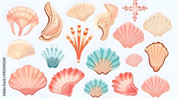 Fototapeta Colorful Sea Shells Cute Stickers Vector Set for Scrapbooking and Crafts