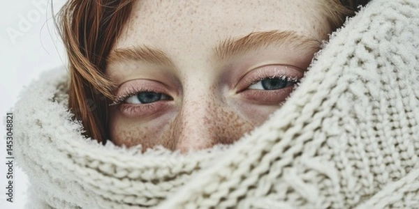 Fototapeta A Cozy and Charming Portrait Featuring a Young Woman Who is Wrapped in a Soft Knitted Scarf