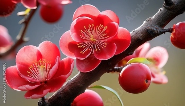 Fototapeta beautiful red plum blossoms and fruits growing on tree branch