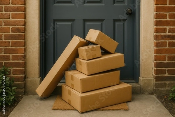 Fototapeta Pile of cardboard boxes left at the doorstep of a house