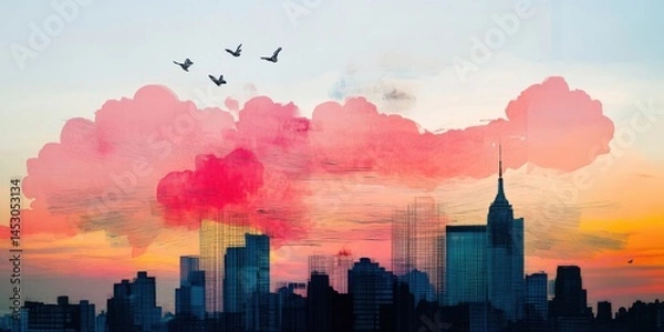 Fototapeta A breathtakingly stunning sunset over the city skyline, adorned with beautiful colorful clouds