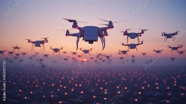 Fototapeta Fleet of Drones Flying at Sunset with Illuminated Lights Below Ideal for Technology and Innova