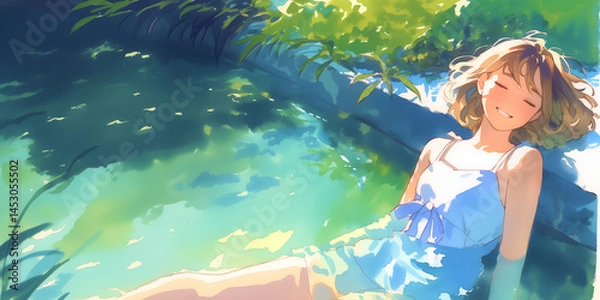 Obraz 水浴びをする女性、水彩画、イラスト。