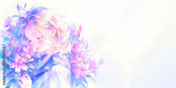 Obraz ツツジの花を愛でる女性、水彩画、イラスト。