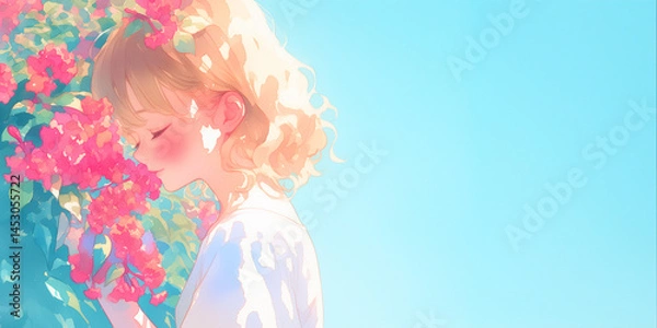 Obraz ツツジの花を愛でる女性、水彩画、イラスト。