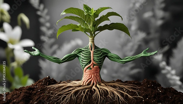 Obraz Human-Plant Hybrid Concept – Surreal Anatomy Merged with Nature and Roots