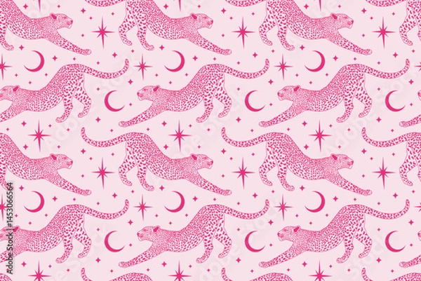 Fototapeta Cute whimsical seamless pattern with pink celestial leopard