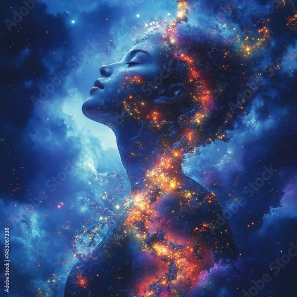Obraz A woman is depicted in profile, her silhouette illuminated by dazzling cosmic patterns. Colors of deep blue, orange, and gold blend seamlessly in a breathtaking celestial display