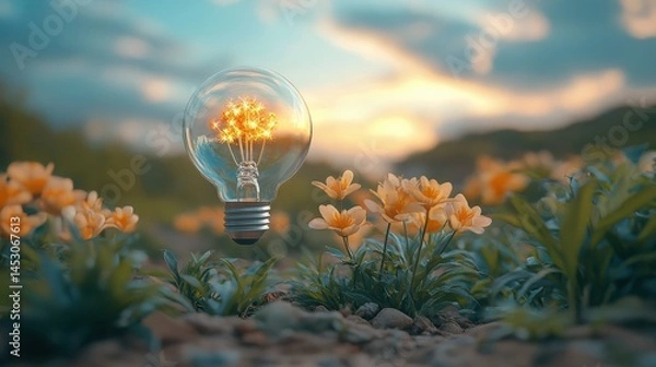 Obraz A light bulb with glowing elements hovers above vibrant yellow flowers against a beautiful sunset. This surreal scene symbolizes the complexity of time and its paradoxes in nature