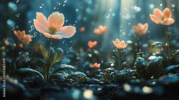Obraz Botanical diagram displays delicate flowers illuminated by soft rays of light, surrounded by swirling water droplets, creating a serene atmosphere in a lush environment