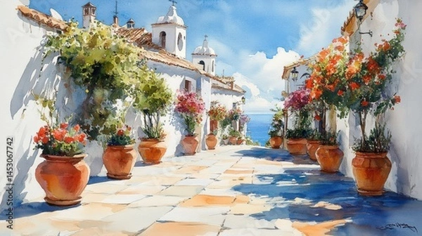 Obraz A skilled painter depicts a charming street lined with vibrant flowers in pots, sunlight reflecting off the cobblestones, and a serene ocean view in the background