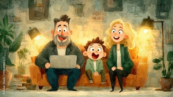 Obraz Family members are gathered on a comfortable couch, enjoying each other's company while watching something entertaining on a laptop. Laughter fills the cozy living room