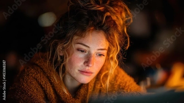 Obraz A young woman focused on her studies sits at a cozy home desk surrounded by books and a laptop. The warm light creates an inviting atmosphere as she concentrates