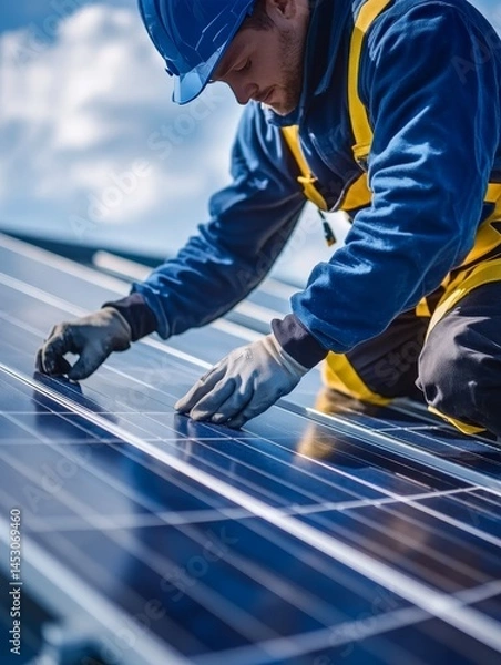 Fototapeta Workman fixing solar panels on roof.