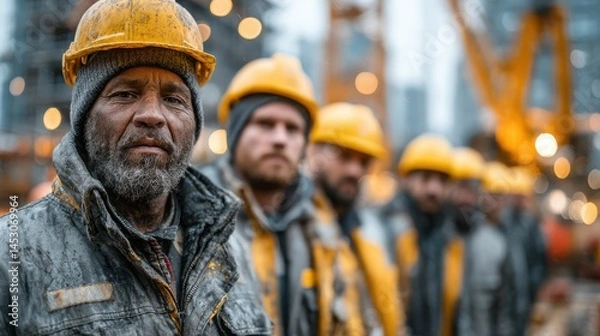 Obraz A group of construction workers stands proudly at a busy construction site. Their yellow helmets shine against the backdrop of cranes and buildings, highlighting the hard work they do every day