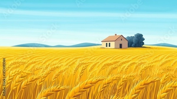 Obraz Golden Wheat Field with Farmhouse