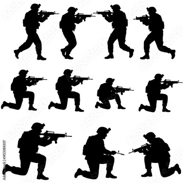 Fototapeta Soldiers in Action: Powerful Black Silhouette Set AI Generated