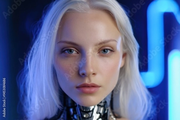 Fototapeta Futuristic woman with metallic neck, glowing blue background, for tech concepts