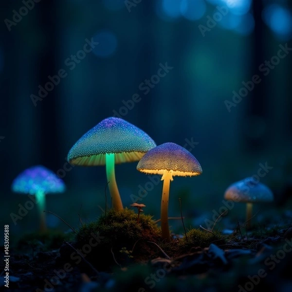 Fototapeta group mushrooms forest night mushrooms illuminated soft blue light creating dreamy ethereal atmosphere background dark blurred making mushrooms stand out even more colors mushrooms vibrant overall