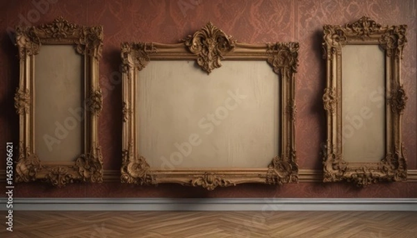 Obraz Elegant damask backdrop showcases antique frames, diverse shapes & sizes ,  texture,  shapes