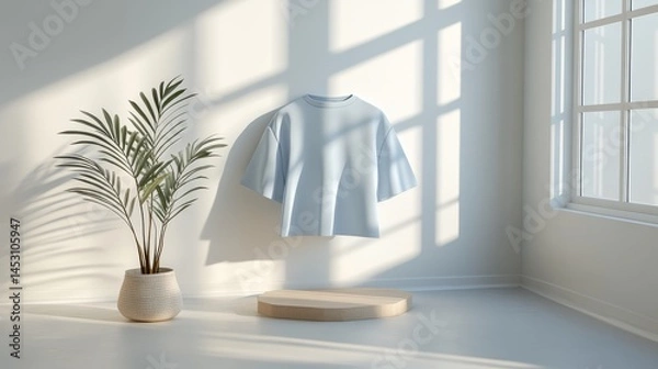Fototapeta On a white background, a single blue flying t-shirt is showcased as an isolated object, exemplifying casual clothes