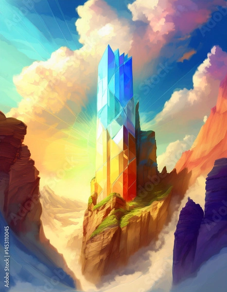 Fototapeta golden tower, fantasy fortress, radiant light, divine structure, epic architecture, mountain spires, glowing clouds, magical sunrise, sunlit stronghold, celestial energy, high fantasy setting
