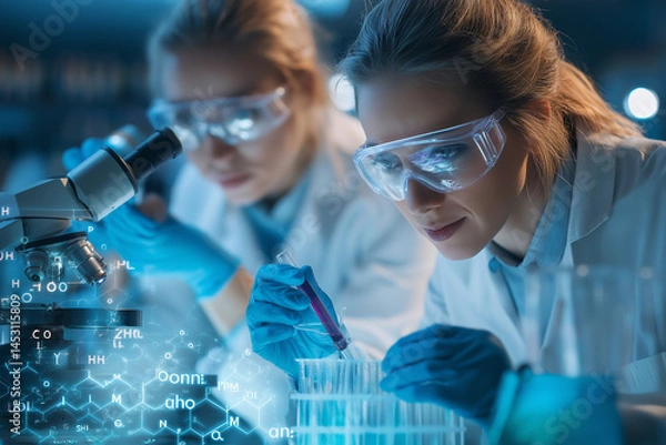 Fototapeta Scientists Working in Laboratory with Test Tubes – Science Research in Action