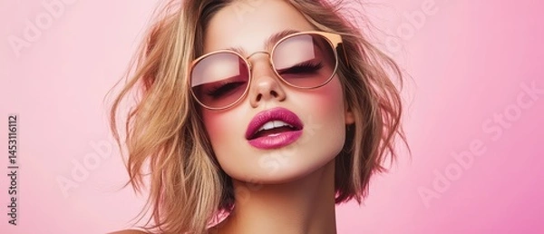 Fototapeta Model in stylish shades on pink backdrop