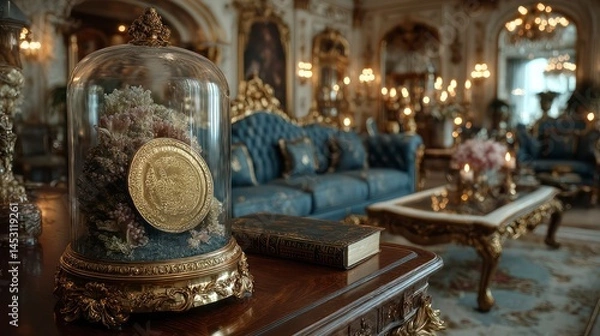 Obraz Elegant Living Room with Ornate Decor and Antique Display Under Glass Dome