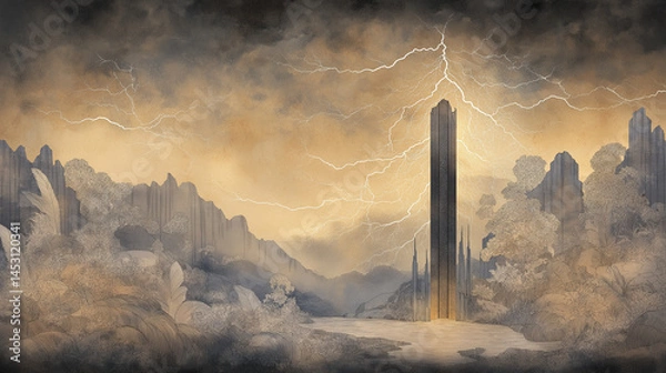 Fototapeta fantasy tower, lightning strike, stormy sky, magical energy, dark fantasy, mountain cliffs, ancient structure, mystical landscape, enchanted tower, dramatic lighting, high fantasy art, thunderstorm